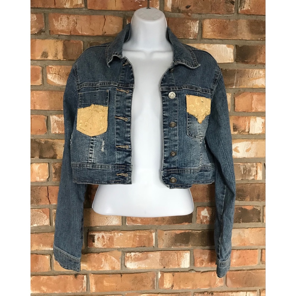 Y2K Heat Wave Cropped Denim Jacket Distressed Patchwork Tan Accent Size Medium